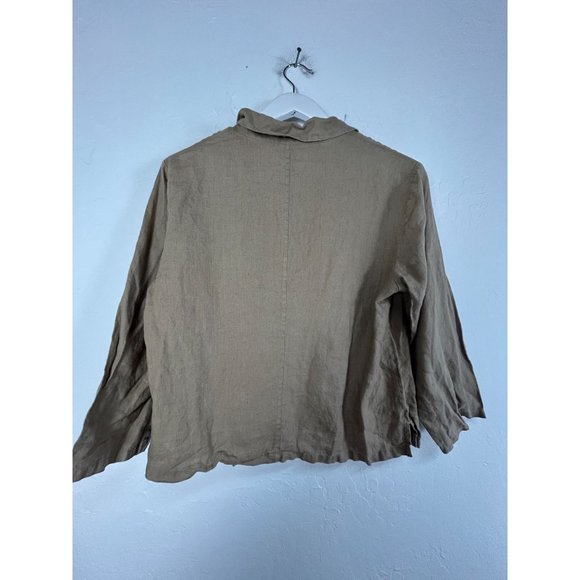 Eileen Fisher Womens Irish Linen Button-Up Shirt Tan Large Long Sleeve Relaxed - Picture 2 of 9